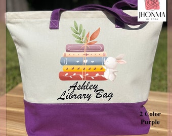 Bunny Book Lover Tote Bag, Library Bag For Bunny Lover, Gift For Book Lover Kids, Rabbit Lover Book Bag, Best Gift For Bookworm