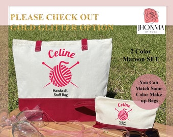 May include: Two maroon canvas tote bags with a red yarn ball and knitting needles design. The larger bag has the name "Celine" embroidered on it and the smaller bag has the same design with the name "Celine" embroidered on it. The text "Handcraft Stuff Bag" is printed on both bags.