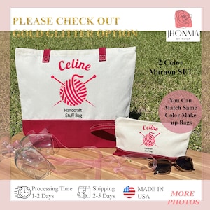 May include: Two maroon canvas tote bags with a red yarn ball and knitting needles design. The larger bag has the name "Celine" embroidered on it and the smaller bag has the same design with the name "Celine" embroidered on it. The text "Handcraft Stuff Bag" is printed on both bags.