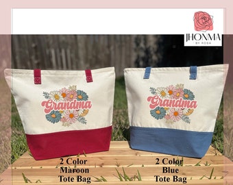 Custom Floral Grandma Tote Bag, Retro Grandma Tote, Vintage Grandma Name Canvas Bag, Grandma Grocery Bag, Grandma Bag With Zipper