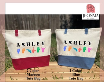 Personalized  American Sign Language Tote Bag, ASL Tote Bag, ASL Gift, ASL Teacher Gift, Name Sign Language Gift, Sign Language Bag