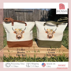 Custom Cow Canvas Tote Bag Floral Tote Bag Personalized Highland Cow Cute Tote Bag Cow with Flowers Cow Lovers Gift For Farmer Market Bag, Cows Tote Bag, Gift for Nature Lover, Canvas Tote for Shopping, Cute Tote Bag, Tote Bag with Farm Animals