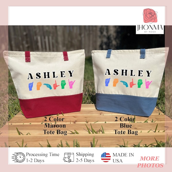 Personalized  American Sign Language Tote Bag, ASL Tote Bag, ASL Gift, ASL Teacher Gift, Name Sign Language Gift, Sign Language Bag