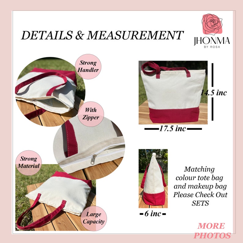 Op de afbeelding: Een witte canvas tote bag met een rode bodem. De tas heeft een ritssluiting en stevige handvatten. De tas is 17,5 inch breed en 14,5 inch hoog. De tas wordt getoond op een houten oppervlak.  "JHONMA BY ROSA" is afgedrukt op de afbeelding.