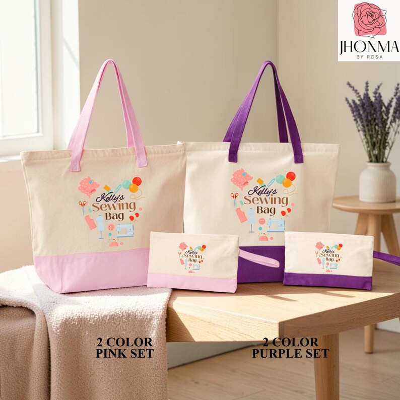 a set of three tote bags and two makeup bags, each with a unique color scheme. The bags are arranged on a wooden table, with a vase of purple flowers in the background.