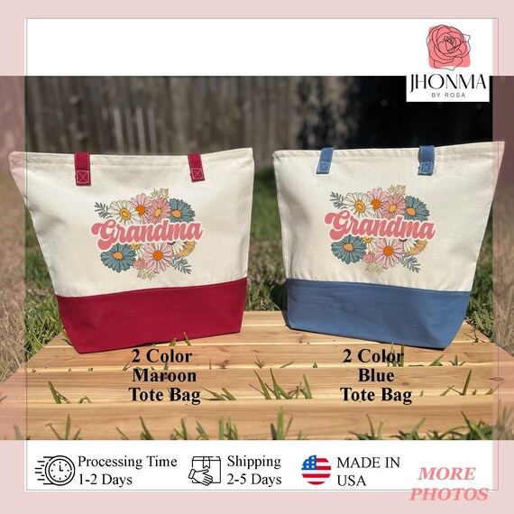 Custom Floral Grandma Tote Bag, Retro Grandma Tote, Vintage Grandma Name Canvas Bag, Grandma Grocery Bag, Grandma Bag With Zipper