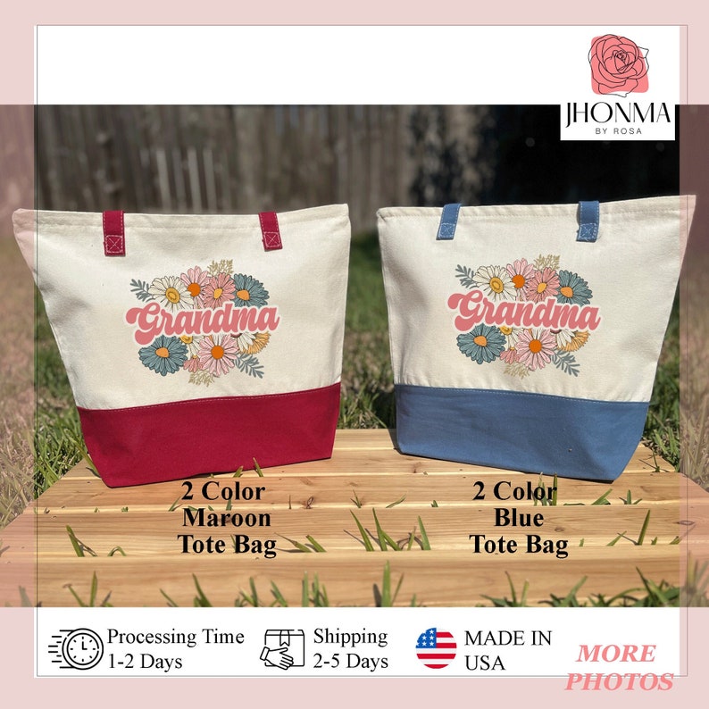 Custom Floral Grandma Tote Bag, Retro Grandma Tote, Vintage Grandma Name Canvas Bag, Grandma Grocery Bag, Grandma Bag With Zipper, Reasuable Canvas Tote