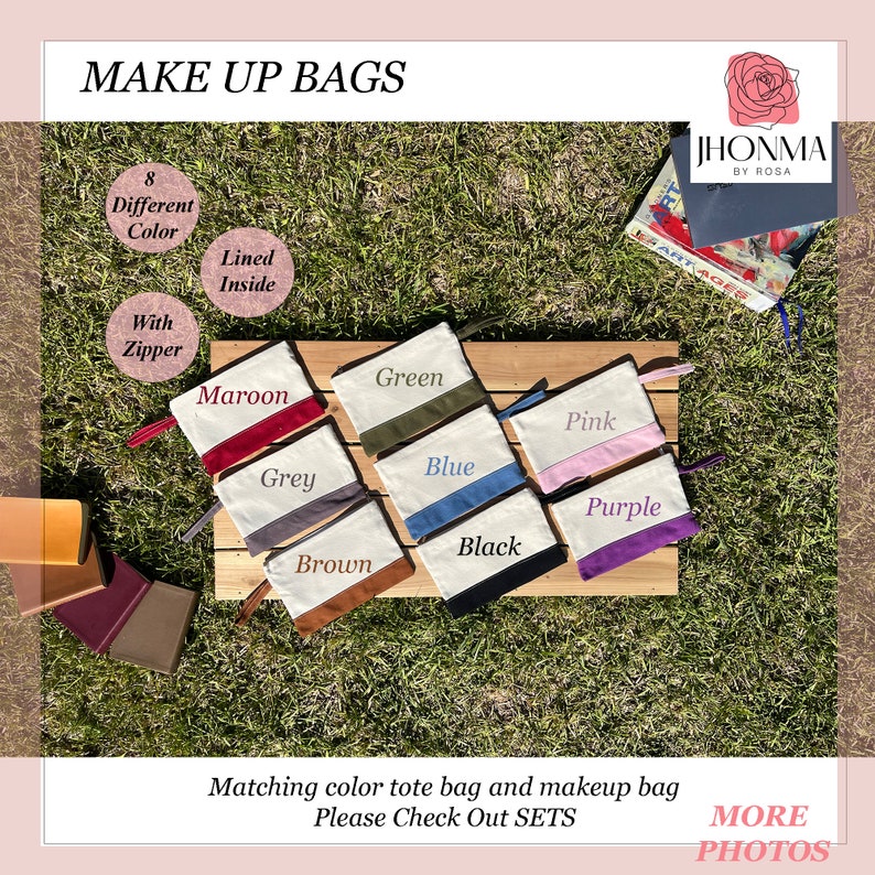 May include: Makeup bags in eight different colors, including maroon, grey, green, blue, pink, purple, black, and brown. Each bag has a zipper and is lined inside. The bags are displayed on a wooden surface.