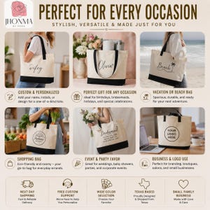 May include: A collection of six beige canvas tote bags with black handles and bottom panels, each featuring different custom text or logos including Wifey, Olivia, Beach, Farmers Market, Bridesmaid, and Your Logo Here, displayed in a grid layout.