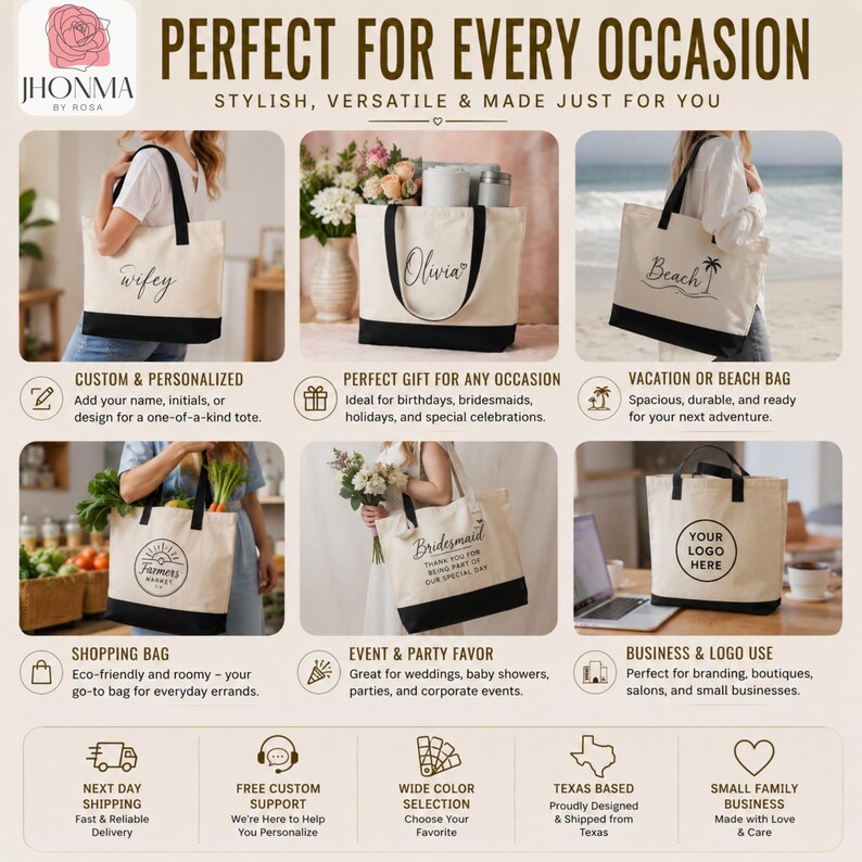May include: A collection of six beige canvas tote bags with black handles and bottom panels, each featuring different custom text or logos including Wifey, Olivia, Beach, Farmers Market, Bridesmaid, and Your Logo Here, displayed in a grid layout.