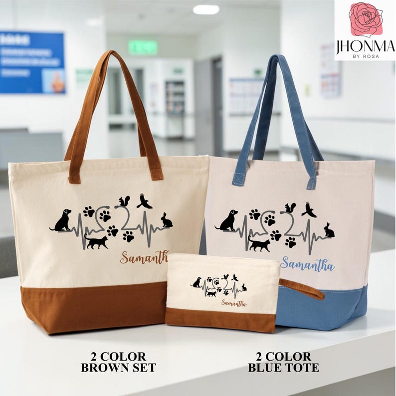 May include: Two canvas tote bags and a matching zippered pouch featuring a heartbeat line graphic with animal silhouettes including a dog, cat, bird, and rabbit, plus paw prints. The bags are personalized with the name Samantha in script font.