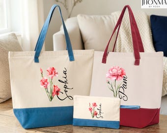 Custom Flower Tote Bag, Personalized Birth Month Flower Tote Bag, Custom Canvas Tote Bag Gifts For Her, Floral Tote Bags, Birth Month Gifts