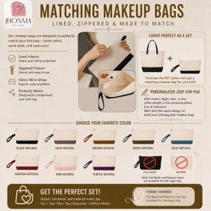 May include: A collection of rectangular canvas makeup bags with zippered closures and fabric wrist straps. The bags feature a two-tone design with a natural cream upper section and a colored base, available in black, gray, brown, green, blue, maroon, pink, and purple.