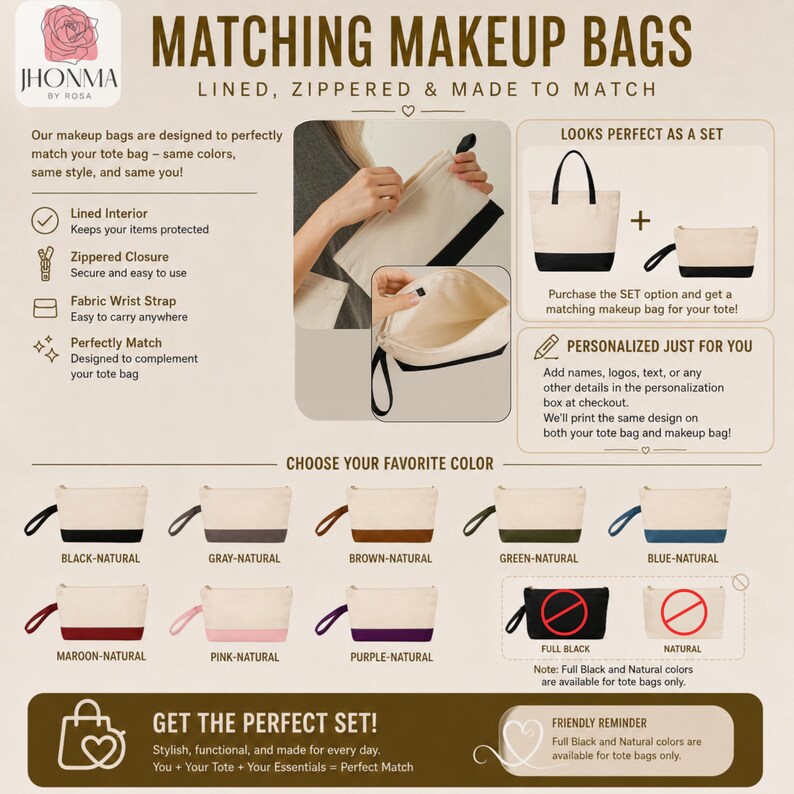 May include: A collection of rectangular canvas makeup bags with zippered closures and fabric wrist straps. The bags feature a two-tone design with a natural cream upper section and a colored base, available in black, gray, brown, green, blue, maroon, pink, and purple.