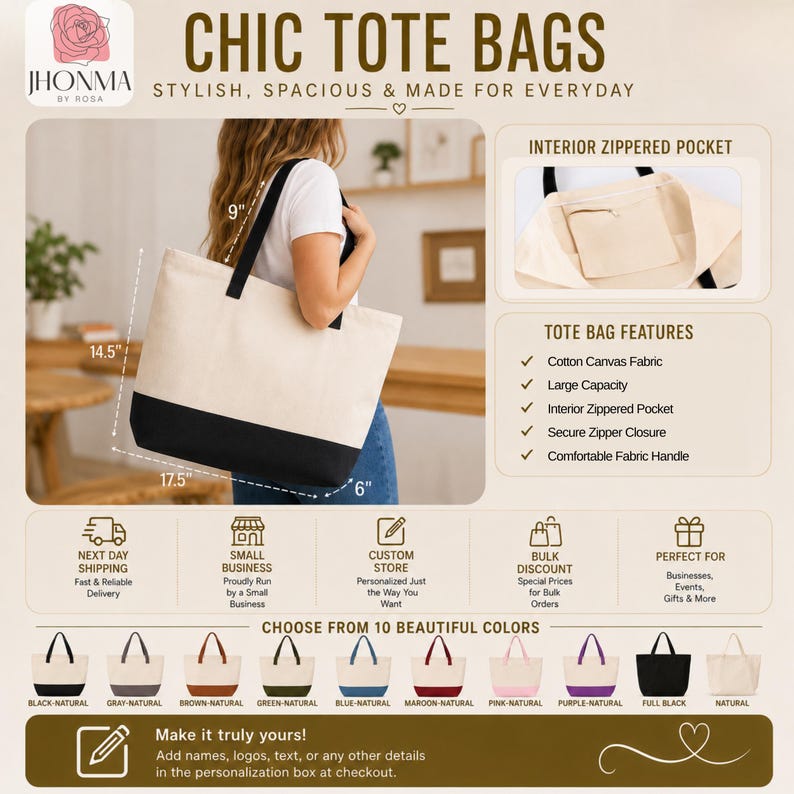 May include: A two-tone cotton canvas tote bag with a black base and natural top, featuring black handles. Dimensions are 17.5 inches wide, 14.5 inches high, and 6 inches deep. Includes an interior zippered pocket and a secure zipper closure.