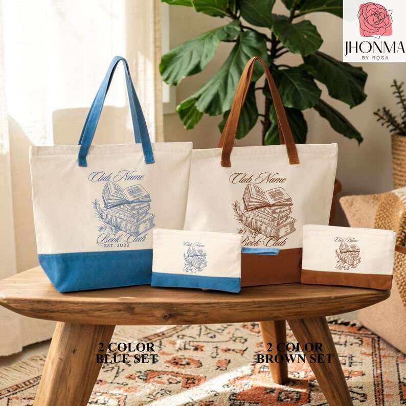 a set of four tote bags and a small bag, each with a unique design and color, arranged on a wooden table.