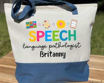 Speech Therapy Totebag, Speech Pathologist Totebag, Slp Totebag, AAC Speechie SLPA Tote, Speech Therapist Gift, SLP Custom Name Bag