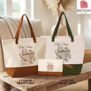 a set of three bags, including a large tote bag, a smaller tote bag, and a smaller pouch, all with the same design and branding.