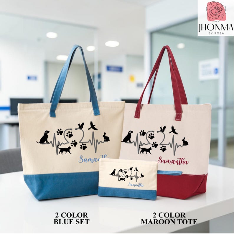 May include: Two canvas tote bags and a matching zippered pouch in cream with blue or maroon accents. Each item features a black graphic of a heartbeat line with animal silhouettes and paw prints, personalized with the name Samantha in script.