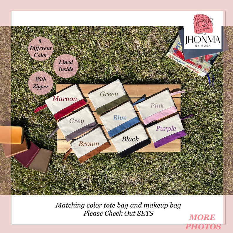 May include: Eight different color makeup bags with a zipper and lined inside. The bags are laid out on a wooden surface with a brown, grey, black, blue, green, maroon, pink, and purple color scheme. The bags are made of canvas with a contrasting color trim.