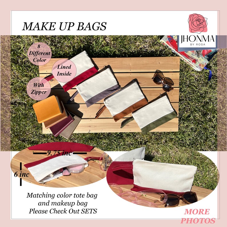 May include: Makeup bags in various colors, displayed on a wooden surface. The bags are rectangular with a zipper closure and wrist strap. The bags are 9.75 inches long and 6 inches high. The text "MAKE UP BAGS" is at the top.