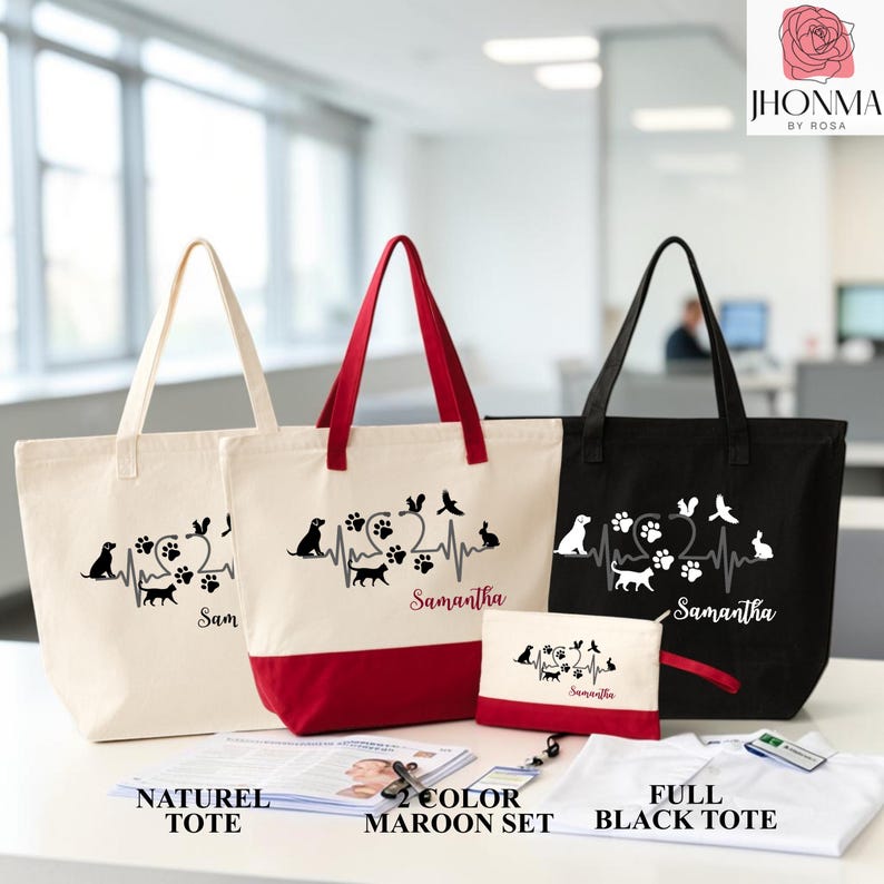 May include: Three canvas tote bags and a small pouch featuring a heartbeat line graphic with silhouettes of a dog, cat, rabbit, and bird, along with paw prints. The text Samantha is printed on each item. The set includes natural, maroon, and black colors.