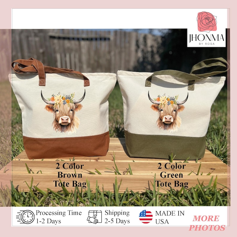 Custom Cow Canvas Tote Bag Floral Tote Bag Personalized Highland Cow Cute Tote Bag Cow with Flowers Cow Lovers Gift For Farmer Market Bag, Cows Tote Bag, Gift for Nature Lover, Canvas Tote for Shopping, Cute Tote Bag, Tote Bag with Farm Animals