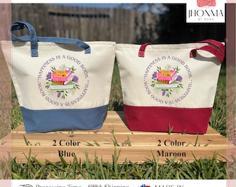 Happiness is a Good Book, Library Tote Bag, Bookish Canvas Tote, Book Club Gifts, Librarian Tote Bag, Reader Bag, Library Bag With Zipper