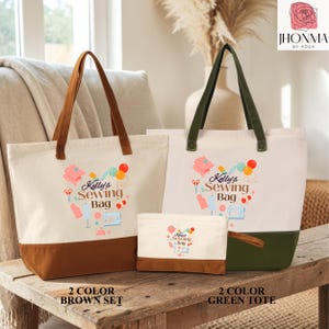 a set of three bags, including a brown tote bag, a green tote bag, and a small white bag, all with the same design and text.