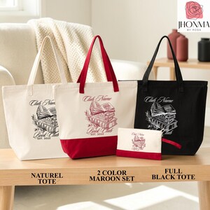 A collection of four tote bags with different colors and designs, including a natural tote, a maroon tote, a black tote, and a maroon set, displayed on a wooden surface.