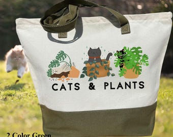 Cats and Plants Lover Gift, Cat and Plant Lady Tote Bag With Zipper, Plant Lover Bag, Plant Cat Tote, Plant Lover Gift, Cat Mom Gift