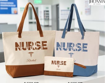 Personalized Nurse Tote Bag, Custom Registered Nurse Work Tote, Heartbeat Nursing Student Grad Tote, Aesthetic Neutral Nurse Shoulder Tote