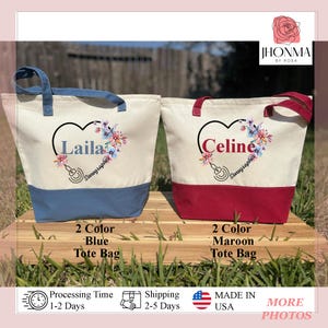 May include: Two personalized tote bags with floral designs and the names "Laila" and "Celine" with the word "Sonographer" underneath. The tote bag on the left is blue and white, and the tote bag on the right is maroon and white.
