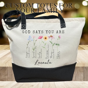 May include: A white canvas tote bag with black handles and a black bottom. The bag has a floral design with the text "GOD SAYS YOU ARE" and a list of positive attributes with corresponding Bible verses. The name "Lacanta" is printed below the verses.