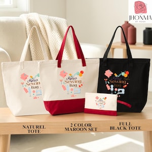 Three tote bags with sewing-themed designs and text, including a natural tote, a maroon tote, and a black tote, displayed on a wooden surface.