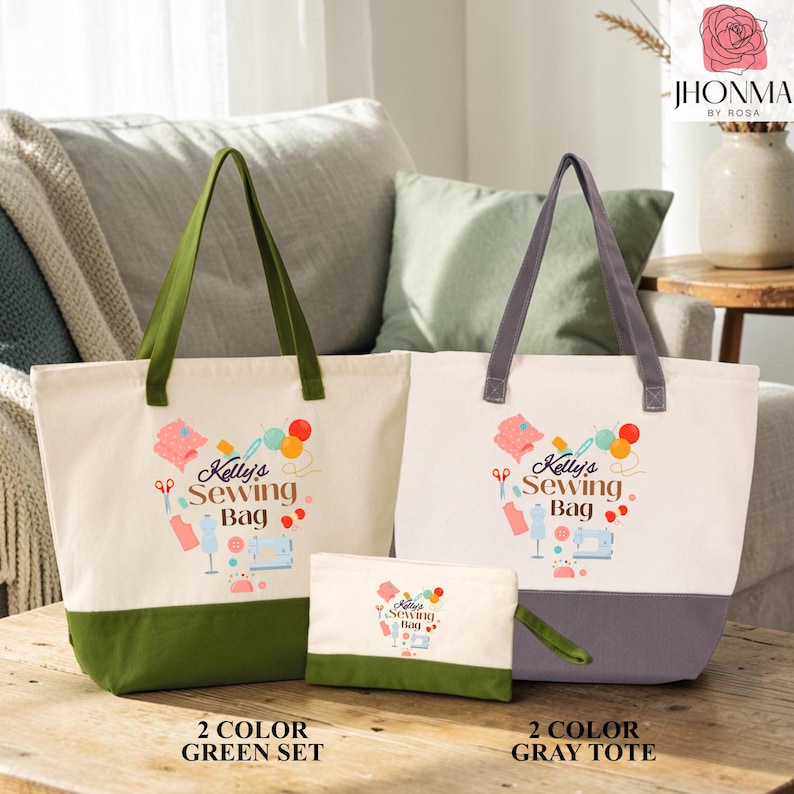 A set of three tote bags with the text "Katie's Sewing Bag" printed on them, along with various sewing-related icons and text. The bags are in a green and gray color scheme.