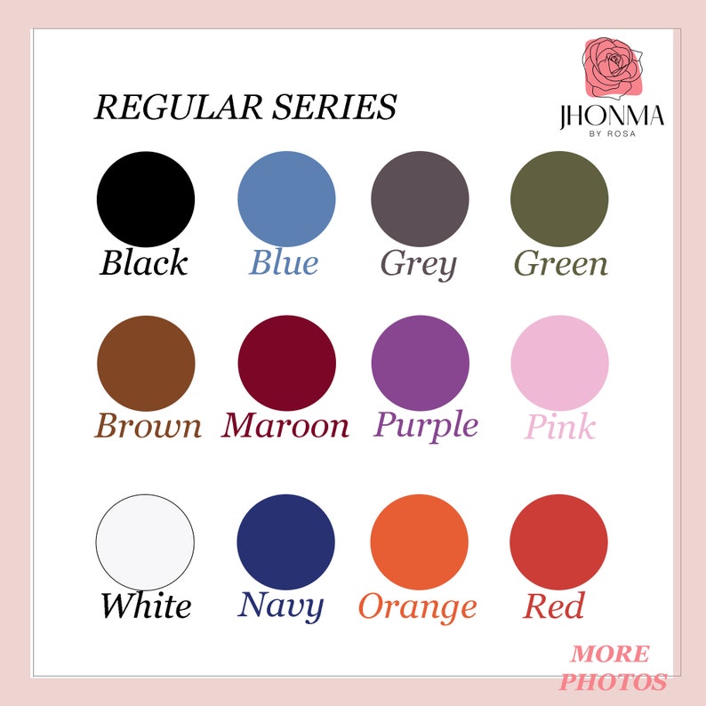May include: A chart showing 12 different color options for a product. The colors are black, blue, grey, green, brown, maroon, purple, pink, white, navy, orange, and red.