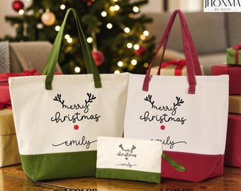 Custom Christmas Reindeer Tote Bag, Personalized Merry Christmas Tote Bag, Holiday Season Tote Bag, Reindeer Xmas Tote Bag, Xmas Tote Bag
