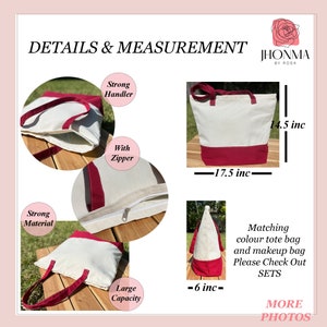 May include: A white and red canvas tote bag with a zipper closure. The bag has a large capacity and strong handles. The bag measures 17.5 inches wide, 14.5 inches tall, and 6 inches deep.  "Matching colour tote bag and makeup bag. Please Check Out SETS."