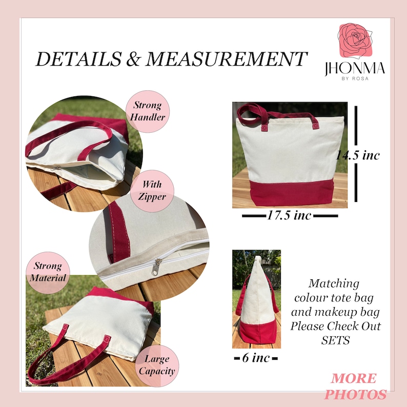 May include: A white and red canvas tote bag with a zipper closure. The bag has a large capacity and strong handles. The bag measures 17.5 inches wide, 14.5 inches tall, and 6 inches deep.  "Matching colour tote bag and makeup bag. Please Check Out SETS."