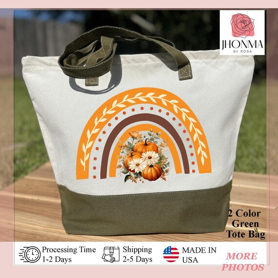 Autumn Rainbow with Pumpkins Tote Bag, Autumn Tote Bag With Zipper, Fall Yall Tote Bag, Thankful Rainbow Tote Bag, Pumpkin Fall Bag
