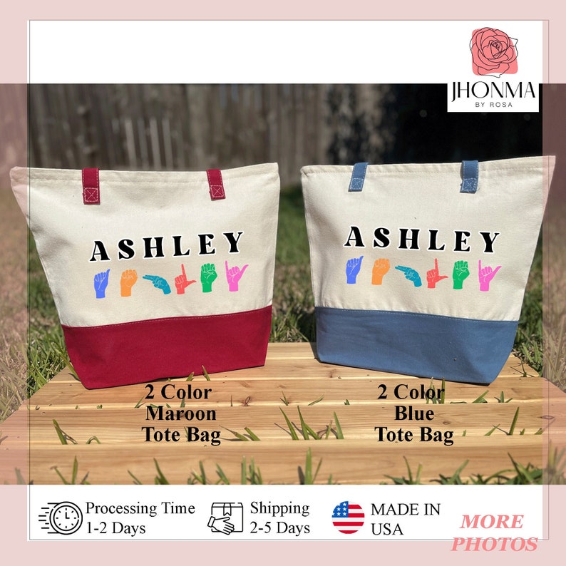 Personalized  American Sign Language Tote Bag, ASL Tote Bag, ASL Gift, ASL Teacher Gift, Name Sign Language Gift, Sign Language Bag