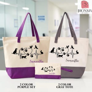 May include: Two canvas tote bags and a matching zippered pouch in cream with purple or gray bases and handles. Each item features a black graphic of a heartbeat line with animal silhouettes, paw prints, and the name Samantha printed in script.