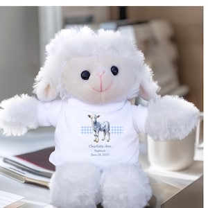 Custom Baptism Lamb Plushie, small gingham toile de jouy Lamb for Christening, personalized with name and date toy religious keepsake