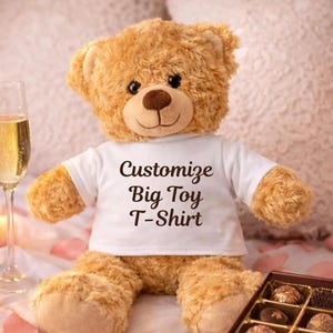 May include: A plush teddy bear with a white t-shirt that reads "Customize Big Toy T-Shirt." The bear has brown fur, a brown nose, and black eyes. The bear is sitting in front of a soft, pink background.