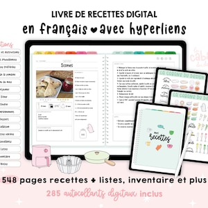 Peut inclure: Un livre de recettes numérique en français avec des hyperliens. Le livre contient 548 pages et comprend 285 autocollants numériques. La couverture présente une illustration rose et verte d'une tablette numérique avec une recette de scones.