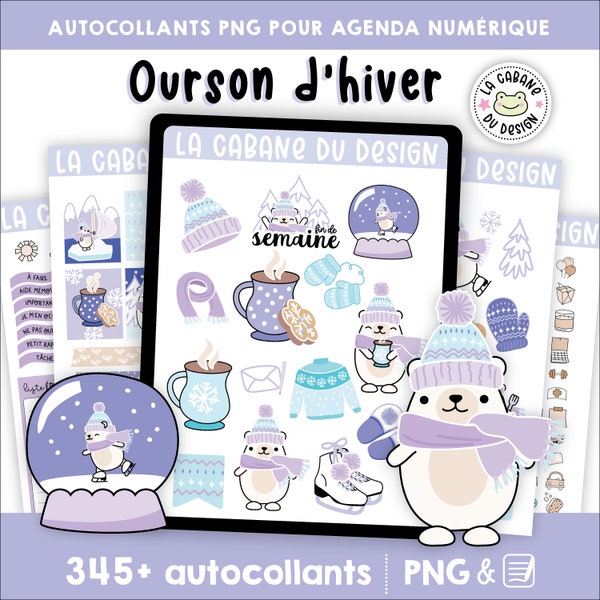 Autocollants FRANÇAIS digitaux pour agenda numérique au thème de Ourson d'hiver en LCDD-026