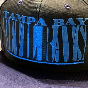 May include: A black baseball cap with a purple brim and accents. The cap features the words "TAMPA BAY RAYS" embroidered in blue across the front. The hat is a sports-themed accessory.