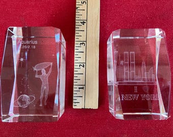 aser Engraved Crystal Paperweights | Faceted Glass Aquarius Zodiac & NYC Twin Towers Statues | Desk Decor Gift Set