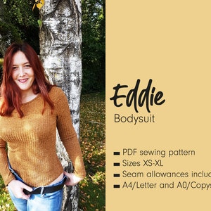 Puede incluir: Un patrón de costura PDF para un body llamado "Eddie" en tallas XS-XL. El patrón incluye márgenes de costura y está disponible en tallas A4/Letter y A0/Copyshop.